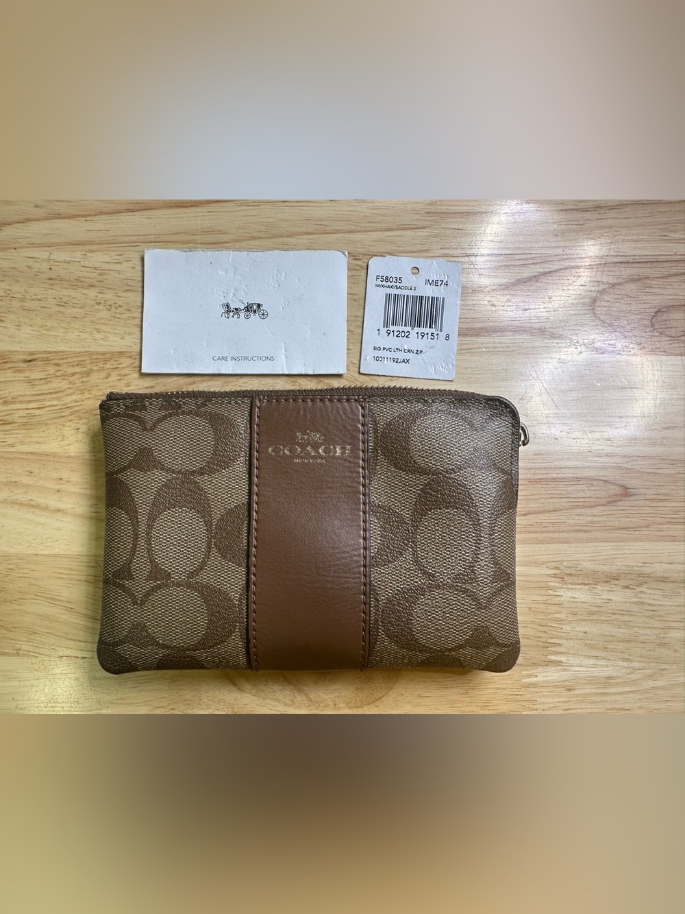 Coach Signature Corner Zip Wristlet F58035 Khaki Saddle Brown